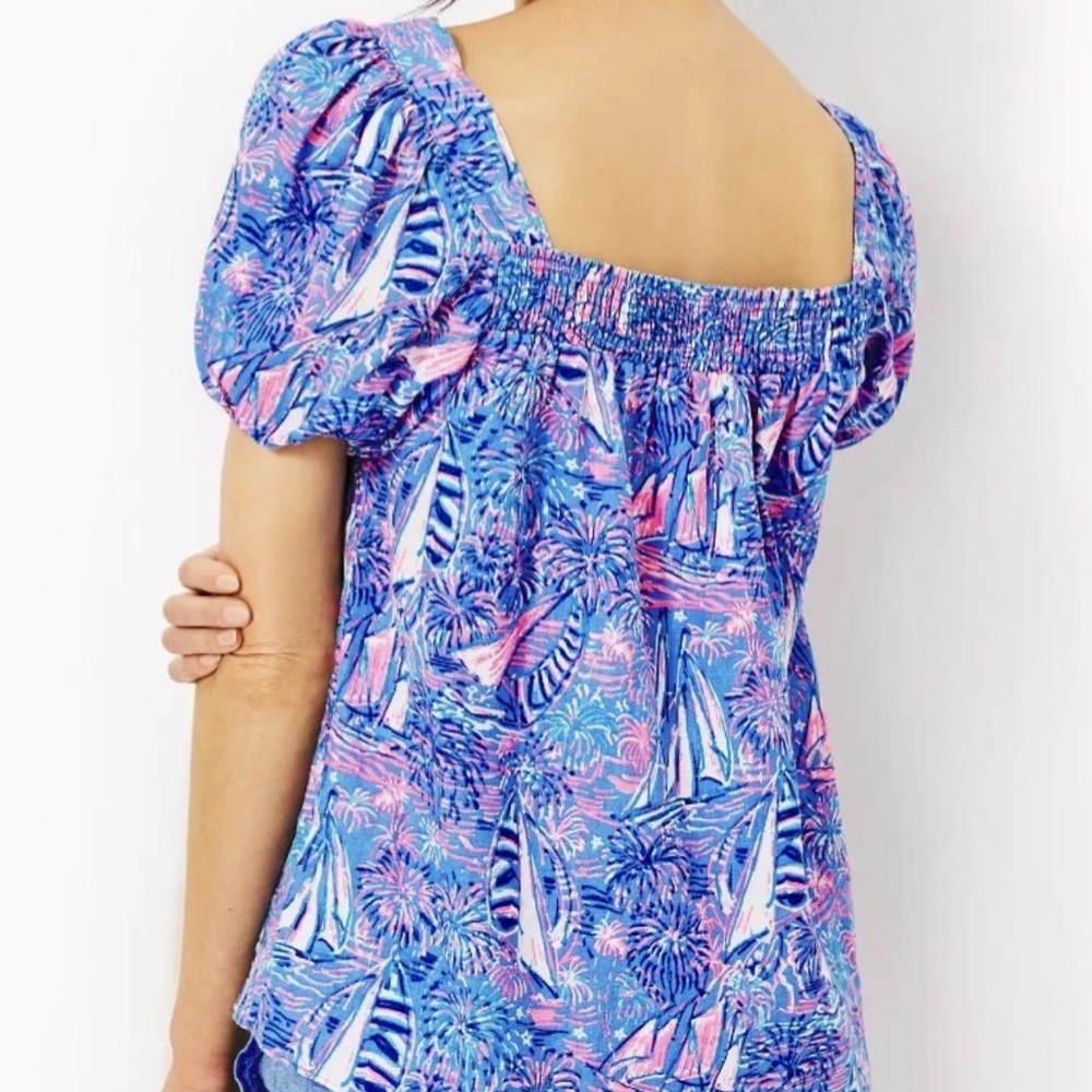 Lilly Pulitzer Keating Short Sleeve Linen Top Oca Blue Sailabration Sz 10-EUC - Picture 2 of 8